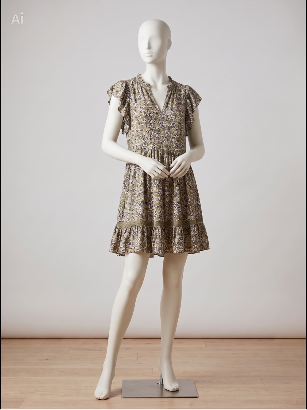 Single Thread Babydoll Olive Floral Smocked Waist Mini Dress Floral